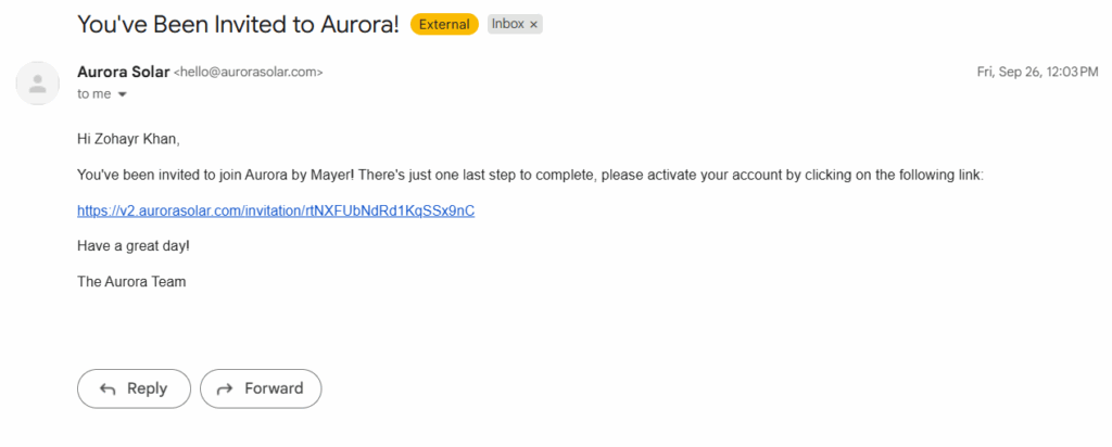 Aurora invitation email