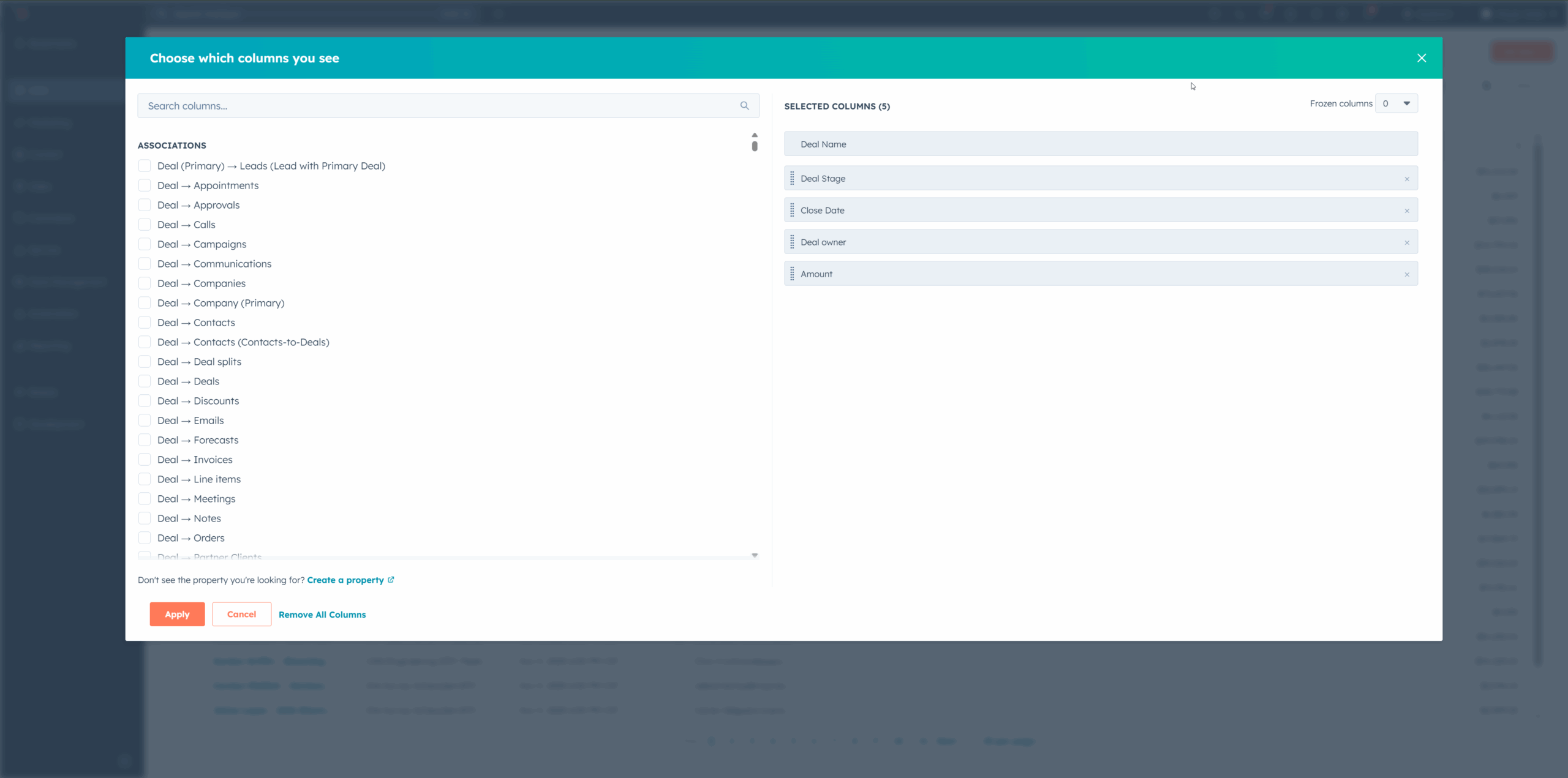 Customize columns panel