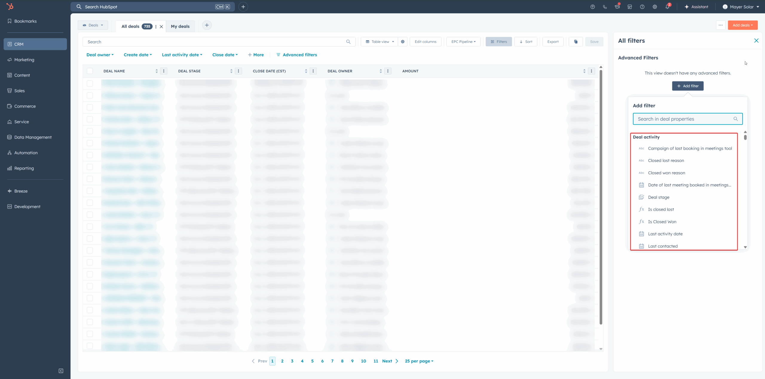Filter properties dropdown